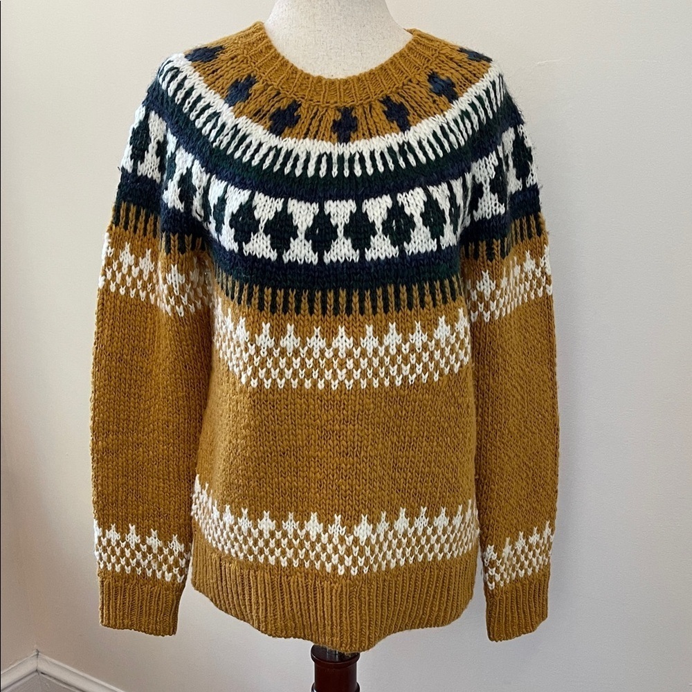 Lucky Brand Nordic Fair Isle Sweater Mustard Wool Blend Pullover S